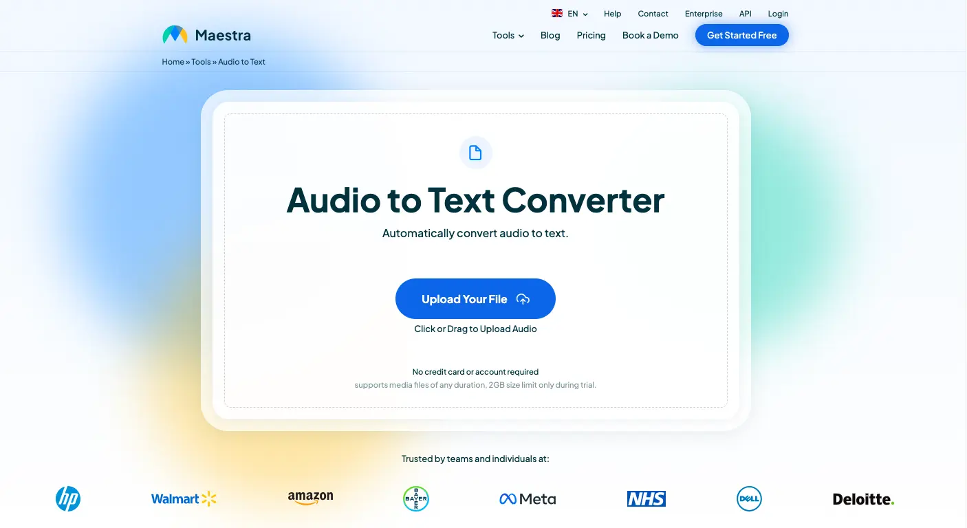 The web page of Maestra's audio to text converter.